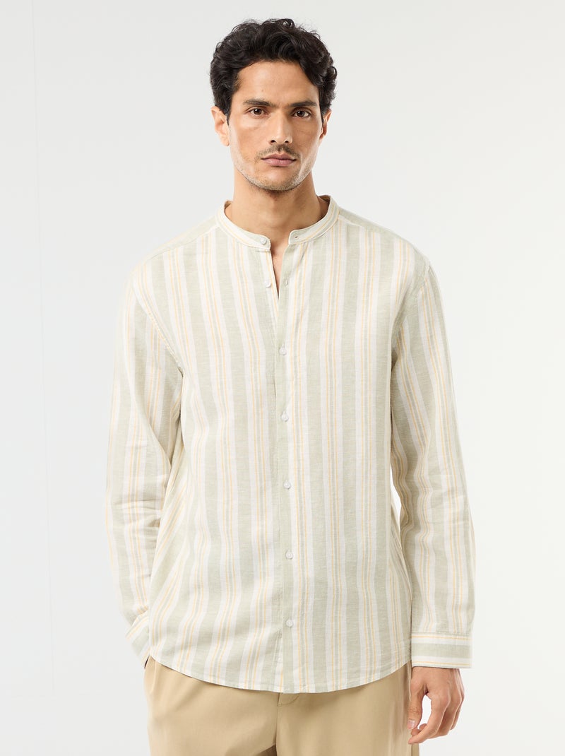 Camisa às riscas com gola mao e mangas arregaçáveis Verde - Kiabi