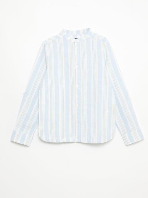 Camisa às riscas com gola mao em linho e algodão - Kiabi Camisa às riscas com gola mao em linho e algodão - Kiabi