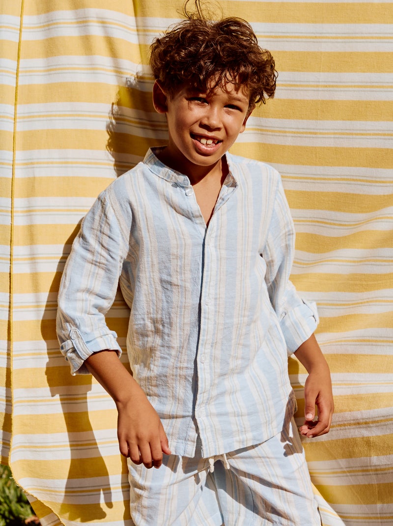 Camisa às riscas com gola mao em linho e algodão Azul - Kiabi