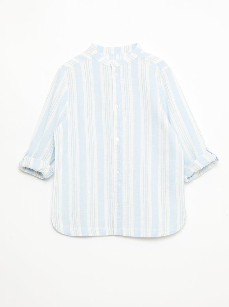 Camisa às riscas com gola mao em linho e algodão Azul - Kiabi