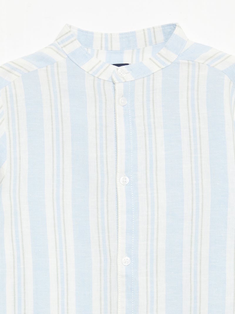 Camisa às riscas com gola mao em linho e algodão Azul - Kiabi