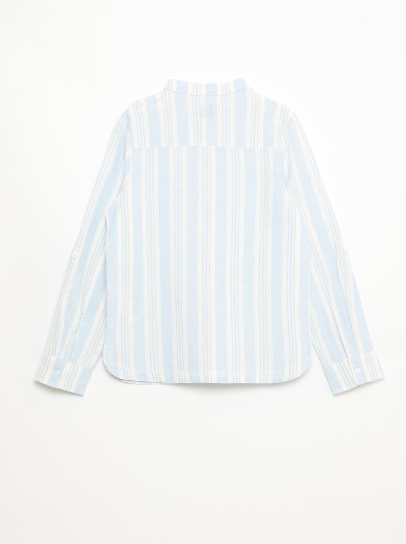 Camisa às riscas com gola mao em linho e algodão Azul - Kiabi