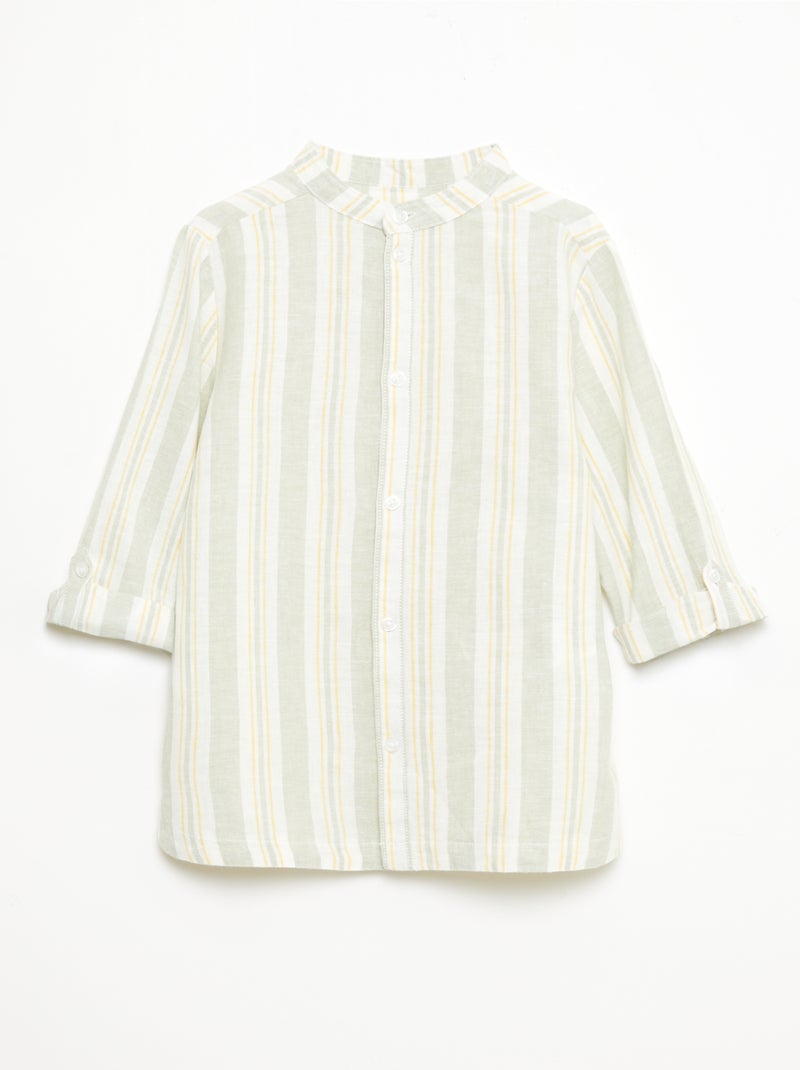 Camisa às riscas com gola mao em linho e algodão Verde - Kiabi