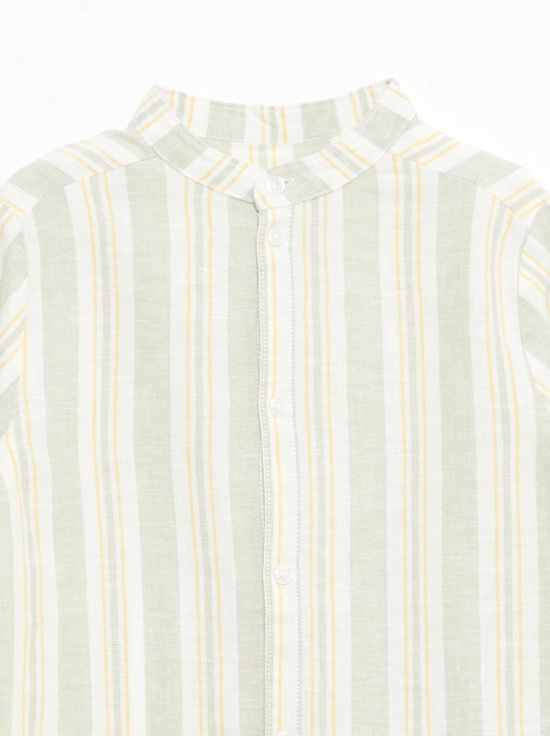 Camisa às riscas com gola mao em linho e algodão Verde - Kiabi
