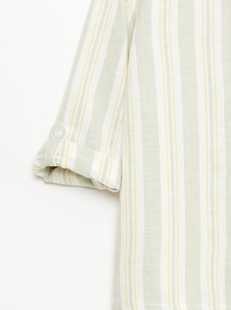 Camisa às riscas com gola mao em linho e algodão Verde - Kiabi