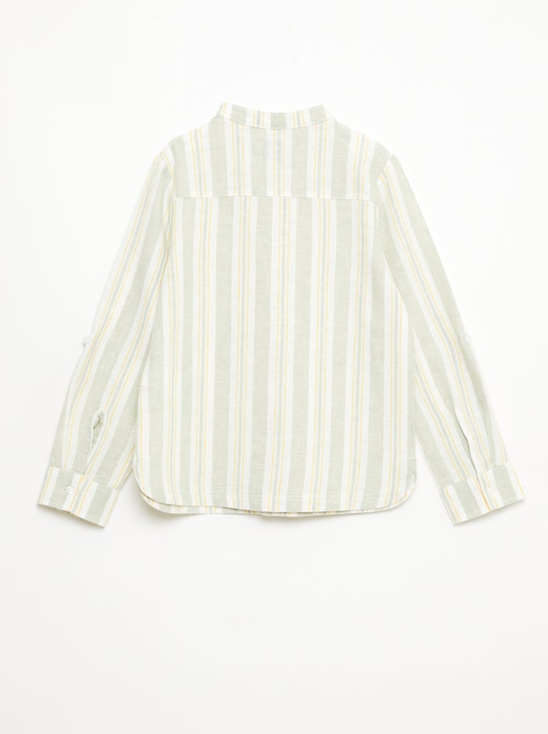 Camisa às riscas com gola mao em linho e algodão Verde - Kiabi