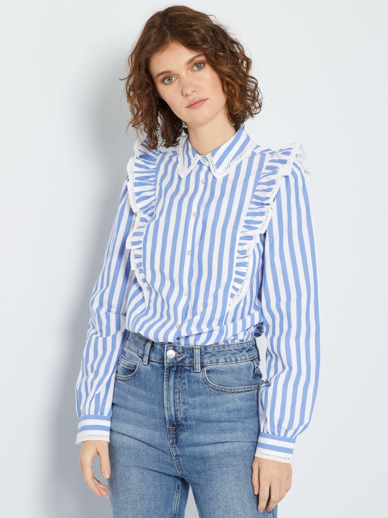 Camisa às riscas com pormenores com folhos AZUL - Kiabi