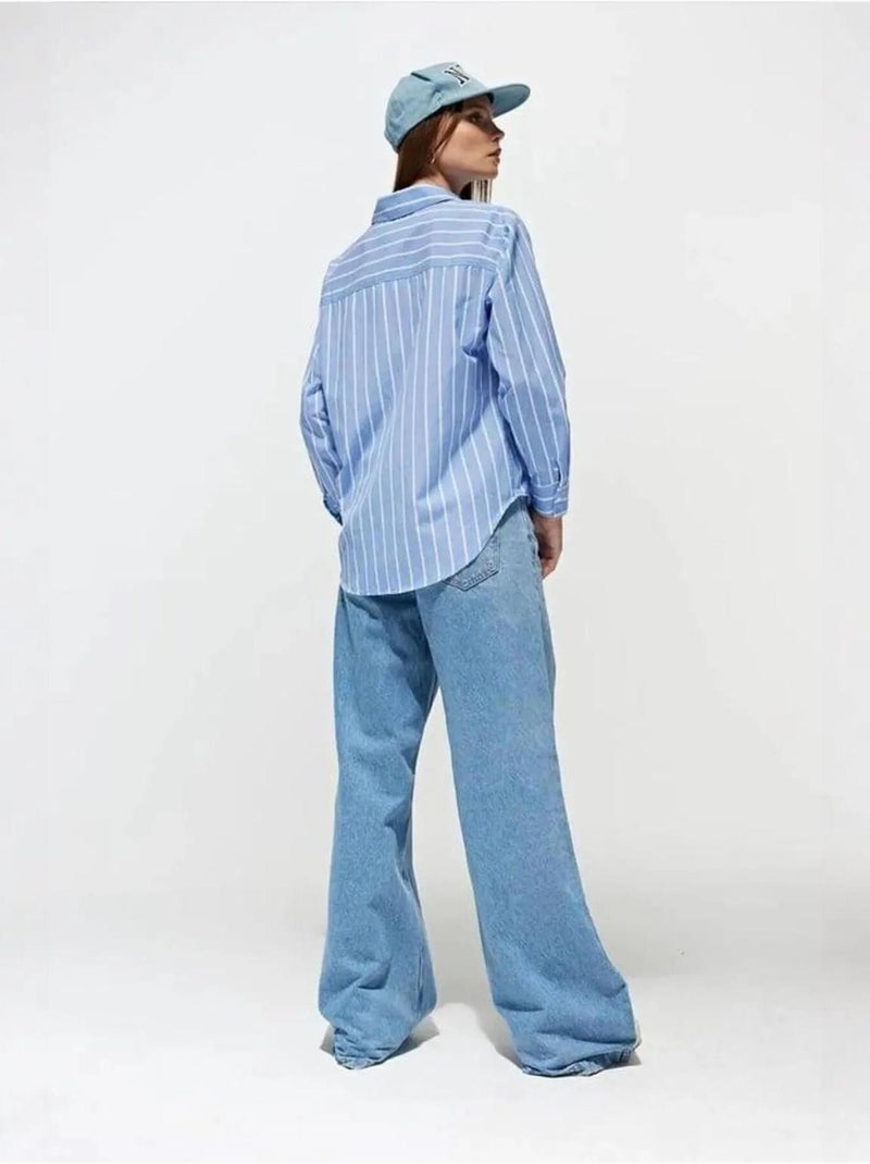 Camisa às riscas de corte relaxed mixray Azul claro - Kiabi
