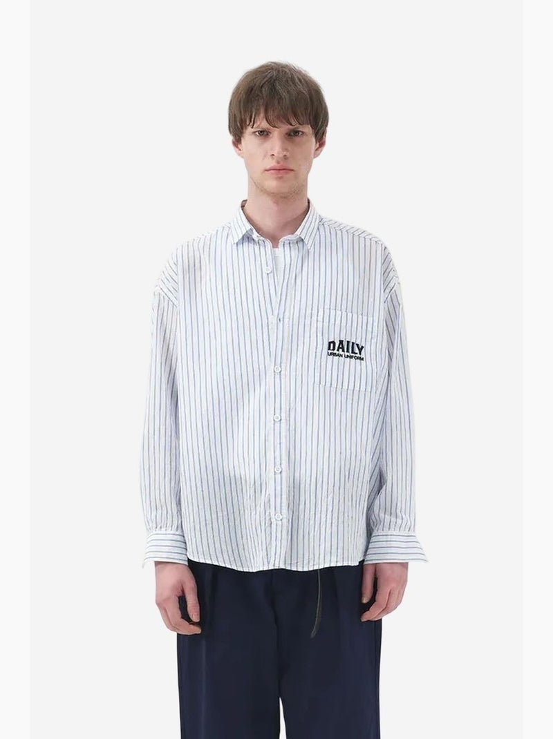 Camisa às riscas de manga comprida com bordado giesto Branco - Kiabi