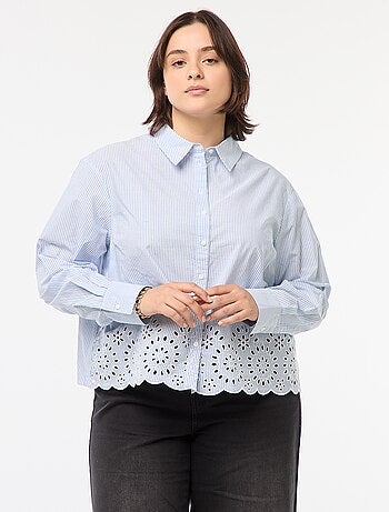 Camisa às riscas de manga comprida com bordados