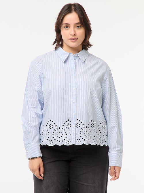Camisa às riscas de manga comprida com bordados - Kiabi