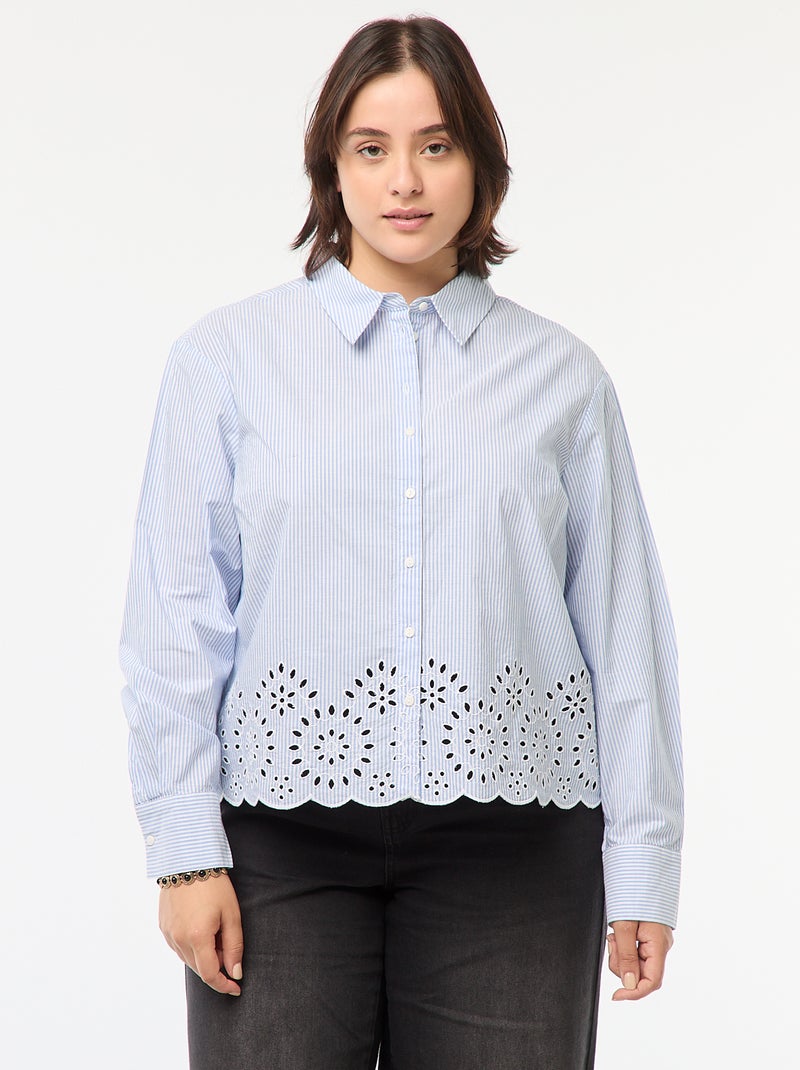 Camisa às riscas de manga comprida com bordados Azul - Kiabi