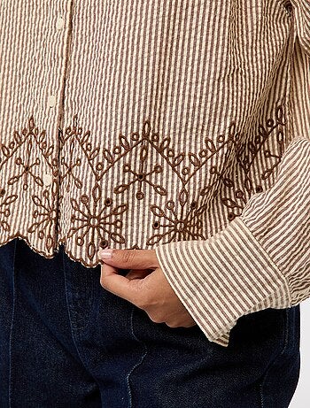 Camisa às Riscas de Manga Comprida com Bordados