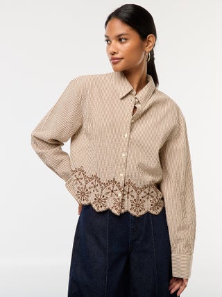 Camisa às Riscas de Manga Comprida com Bordados