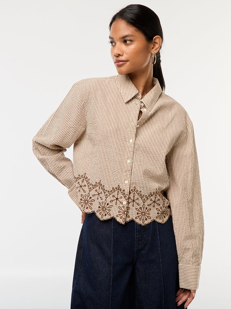 Camisa às Riscas de Manga Comprida com Bordados Castanho - Kiabi