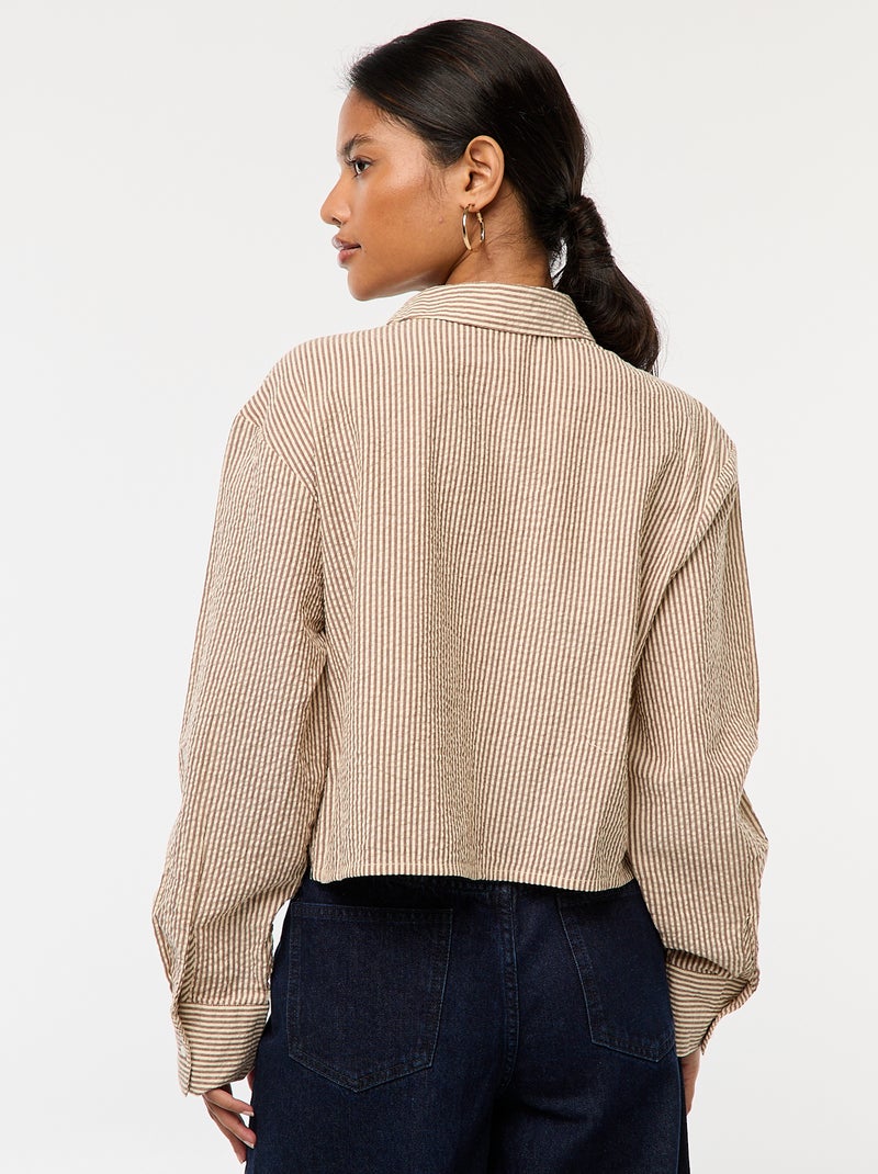 Camisa às Riscas de Manga Comprida com Bordados Castanho - Kiabi