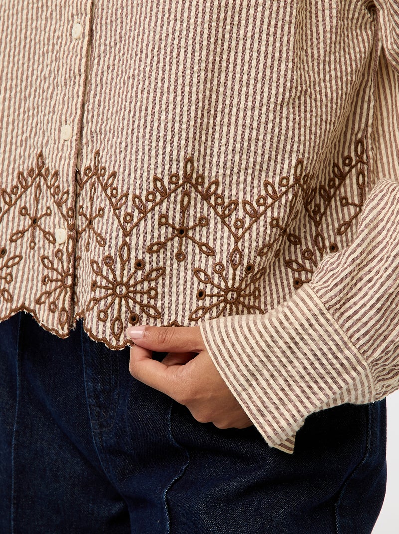 Camisa às Riscas de Manga Comprida com Bordados Castanho - Kiabi