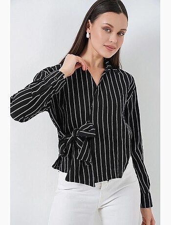 Camisa às riscas de manga comprida com detalhe de laço bdart