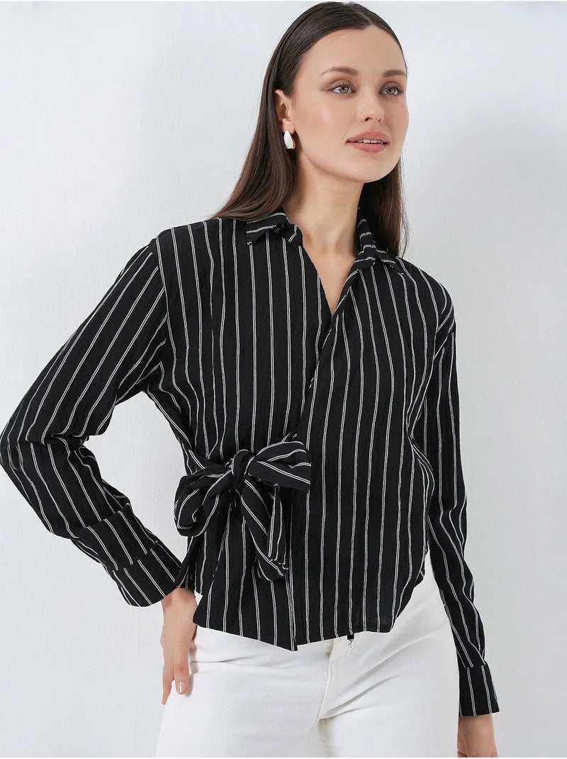 Camisa às riscas de manga comprida com detalhe de laço bdart Preto - Kiabi