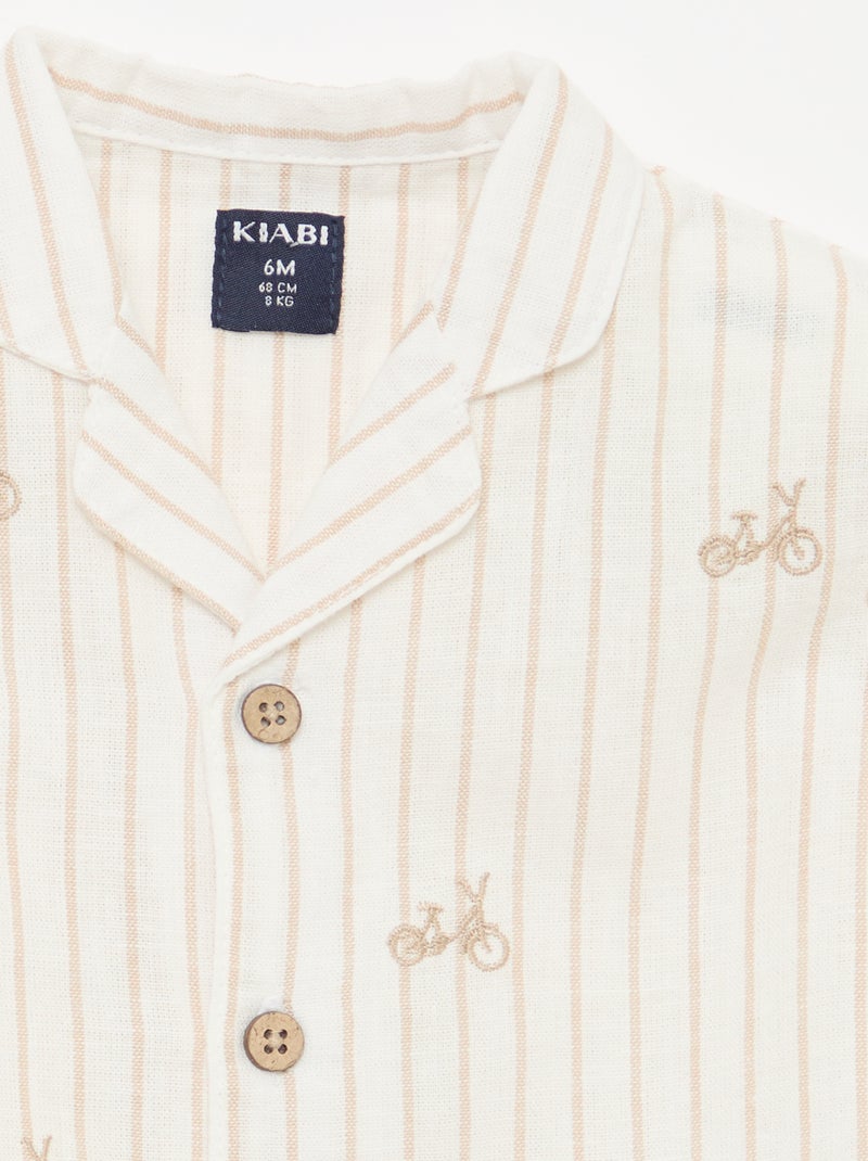 Camisa às Riscas e com Estampado de Manga Curta Branco - Kiabi