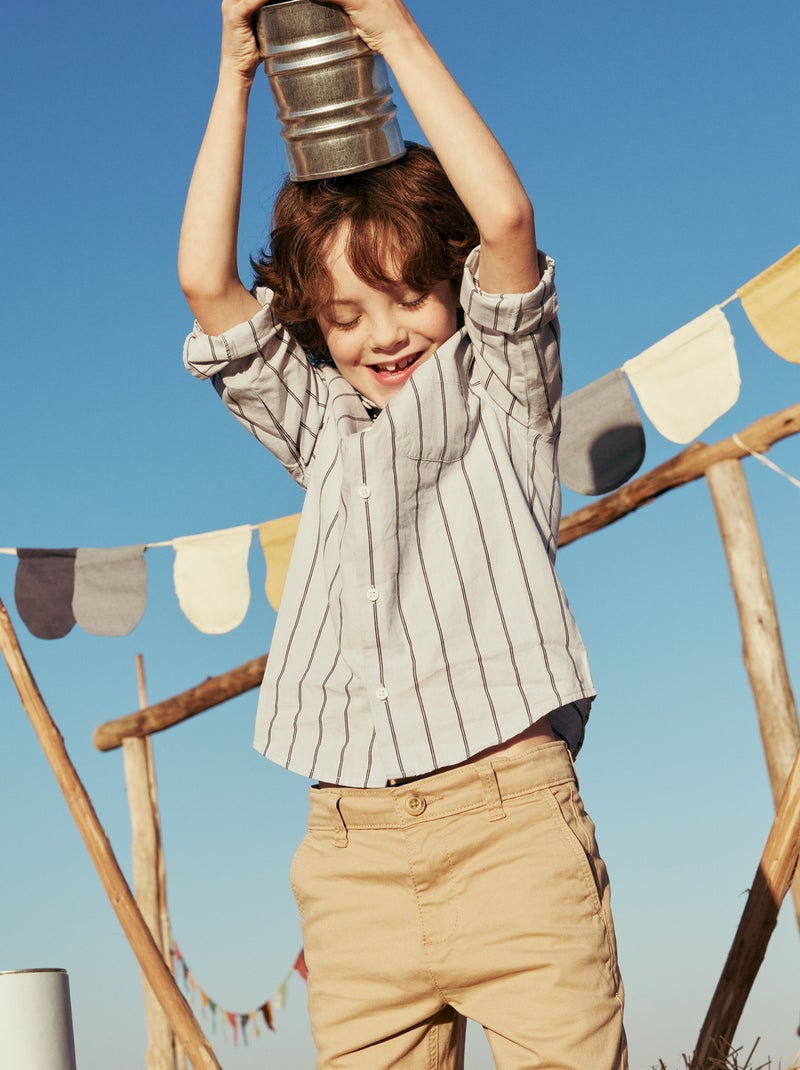 Camisa às riscas em algodão com bolso no peito Azul - Kiabi