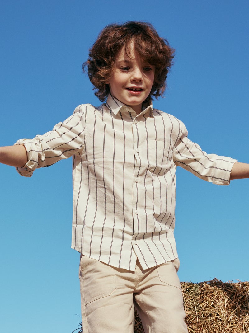 Camisa às riscas em algodão com bolso no peito Bege - Kiabi