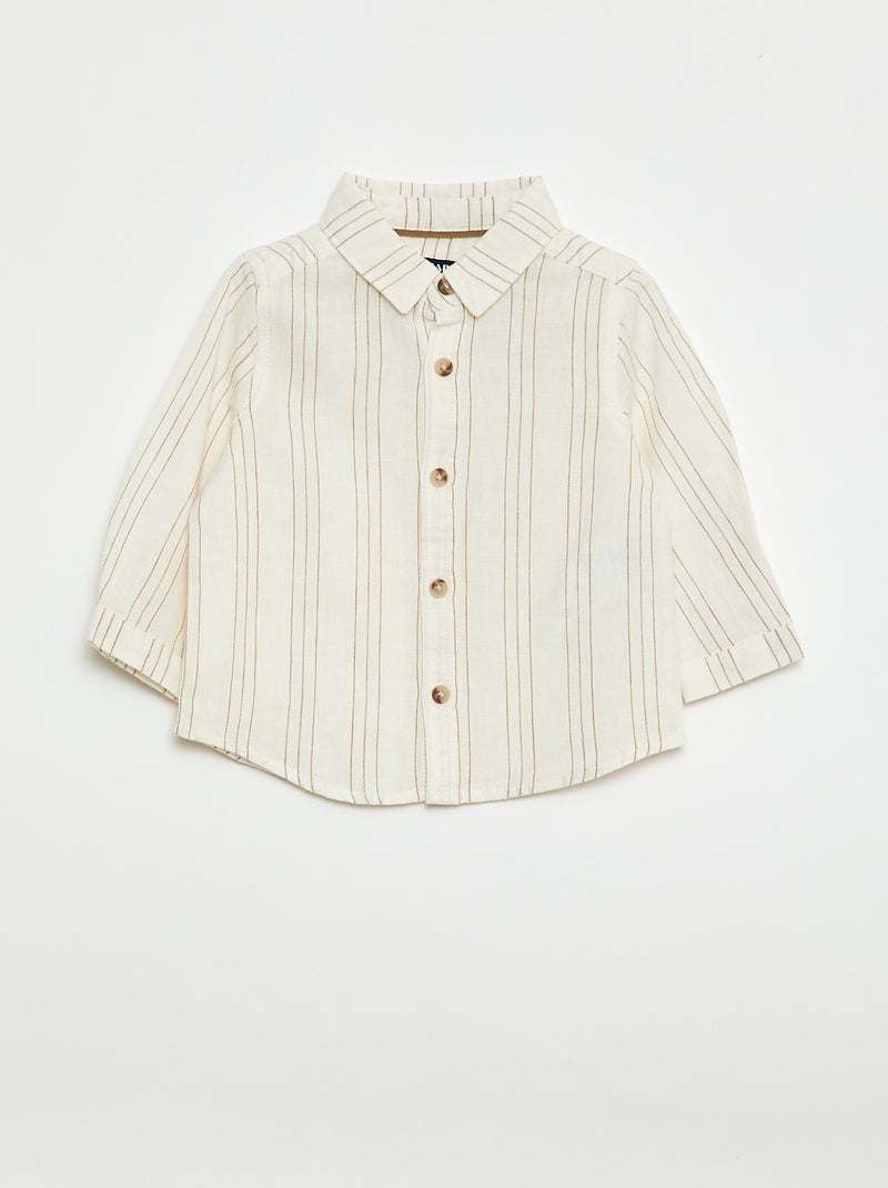 Camisa às Riscas em Linho e Algodão Branco - Kiabi