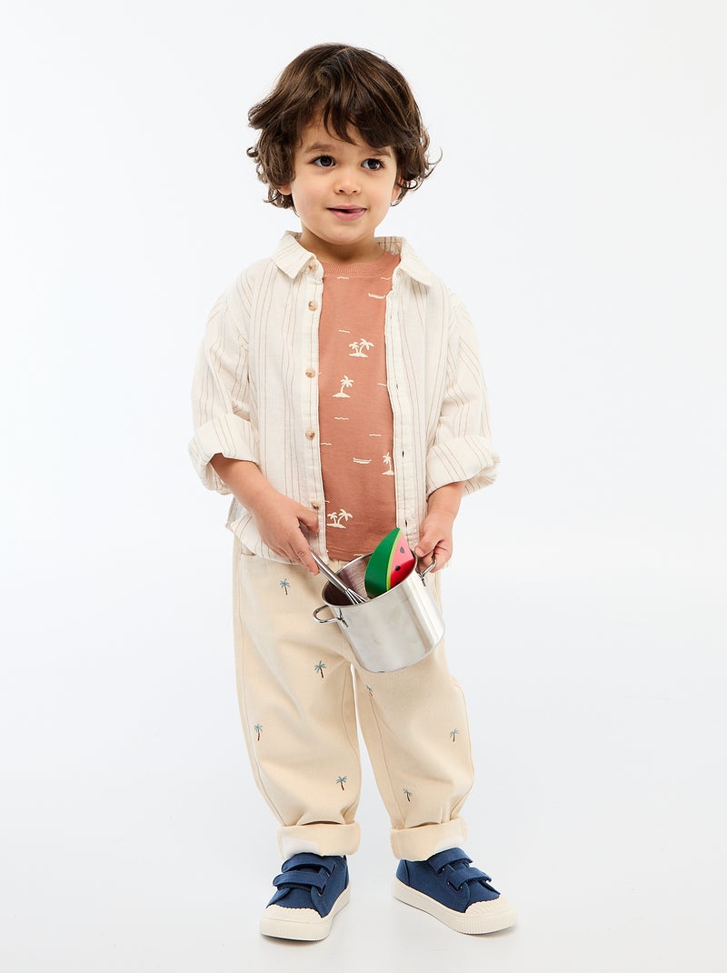 Camisa às Riscas em Linho e Algodão Branco - Kiabi