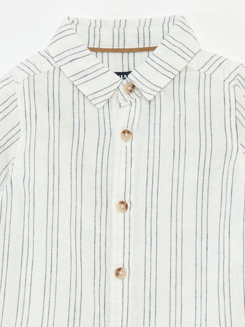 Camisa às Riscas em Linho e Algodão Branco - Kiabi