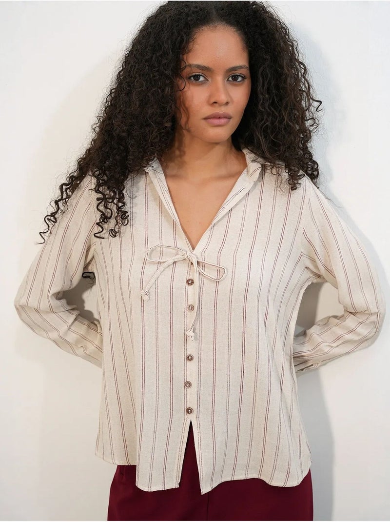 Camisa às riscas em mistura de linho com detalhe de atilho bdart Bege natural - Kiabi