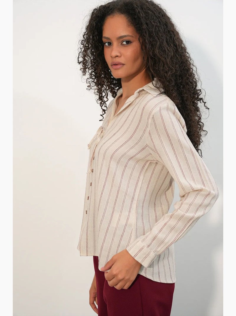 Camisa às riscas em mistura de linho com detalhe de atilho bdart Bege natural - Kiabi