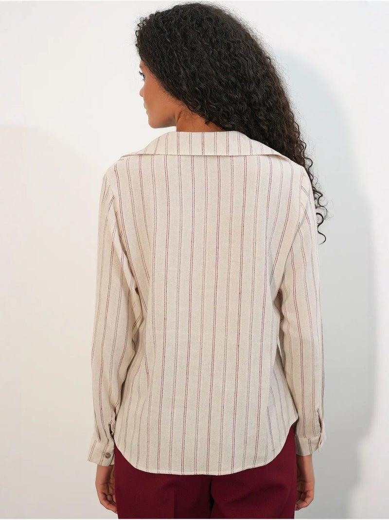 Camisa às riscas em mistura de linho com detalhe de atilho bdart Bege natural - Kiabi