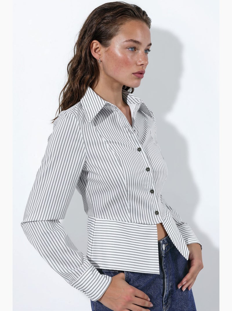 Camisa às riscas justa com detalhe peplum hiccup Branco - Kiabi