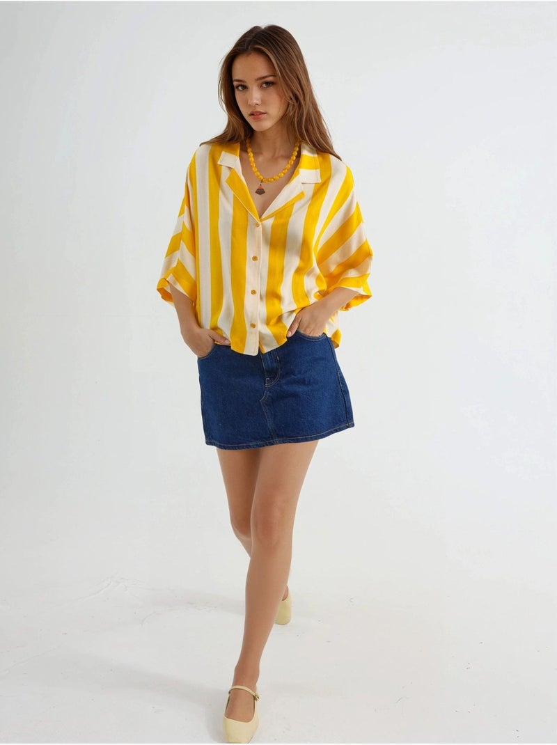 Camisa às riscas relaxed fit com abotoamento busem Amarelo-limão - Kiabi
