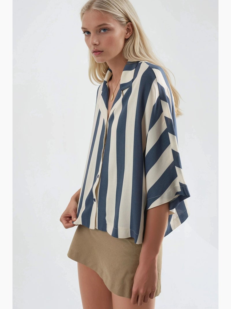 Camisa às riscas relaxed fit com abotoamento busem Azul-marinho - Kiabi