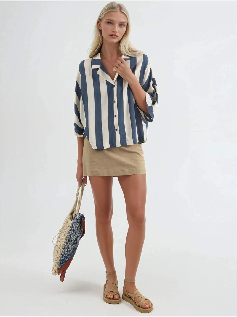 Camisa às riscas relaxed fit com abotoamento busem Azul-marinho - Kiabi