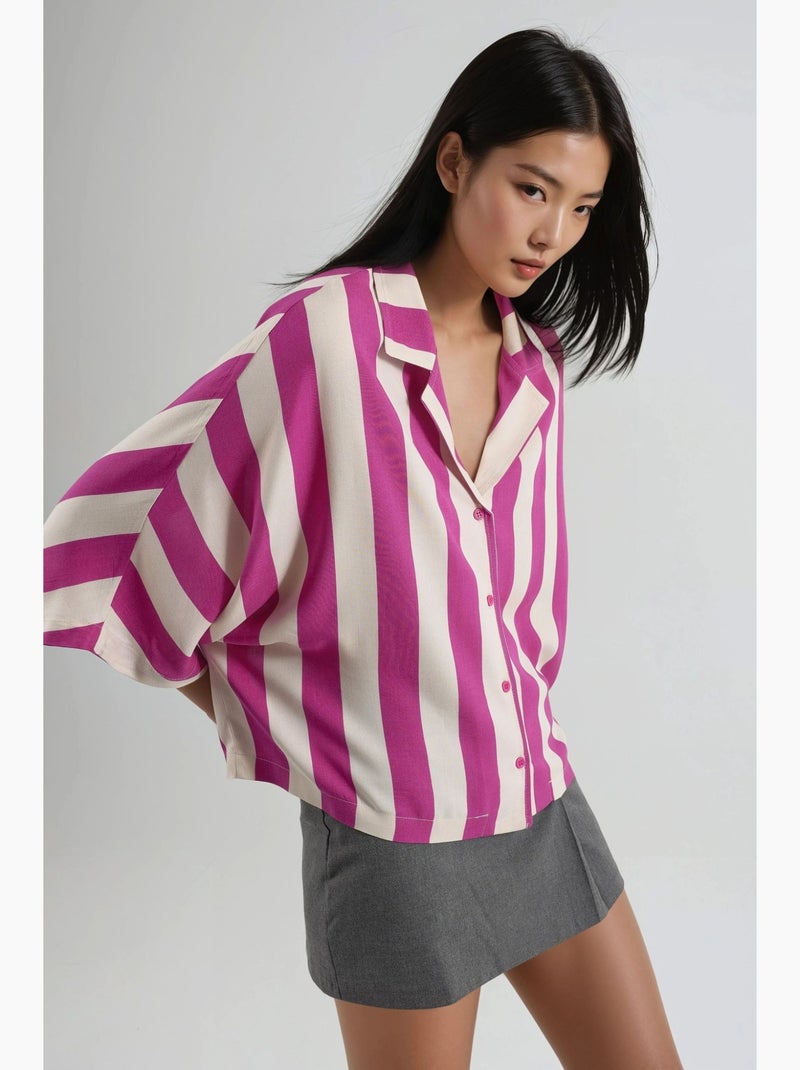 Camisa às riscas relaxed fit com abotoamento busem Magenta - Kiabi