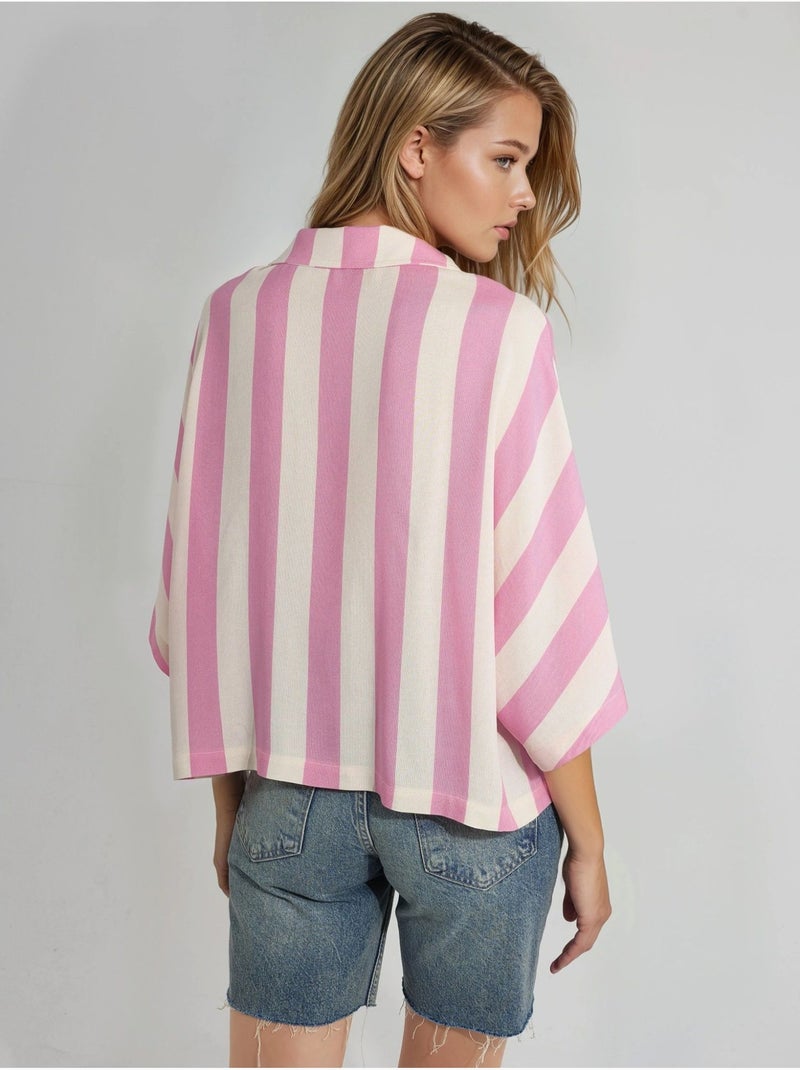Camisa às riscas relaxed fit com abotoamento busem Rosa-claro - Kiabi