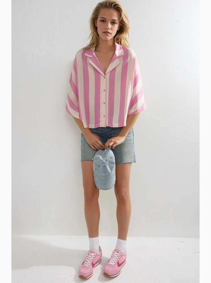 Camisa às riscas relaxed fit com abotoamento busem Rosa-claro - Kiabi