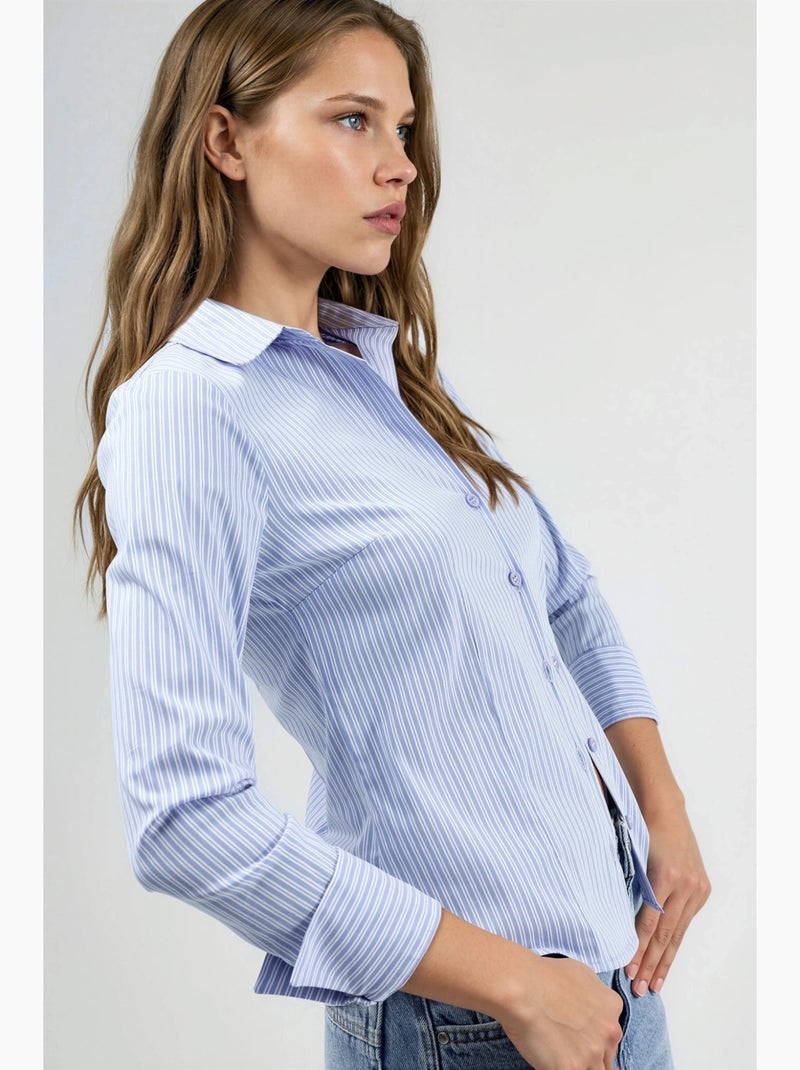 Camisa básica às riscas ajustada hiccup Azul-céu - Kiabi