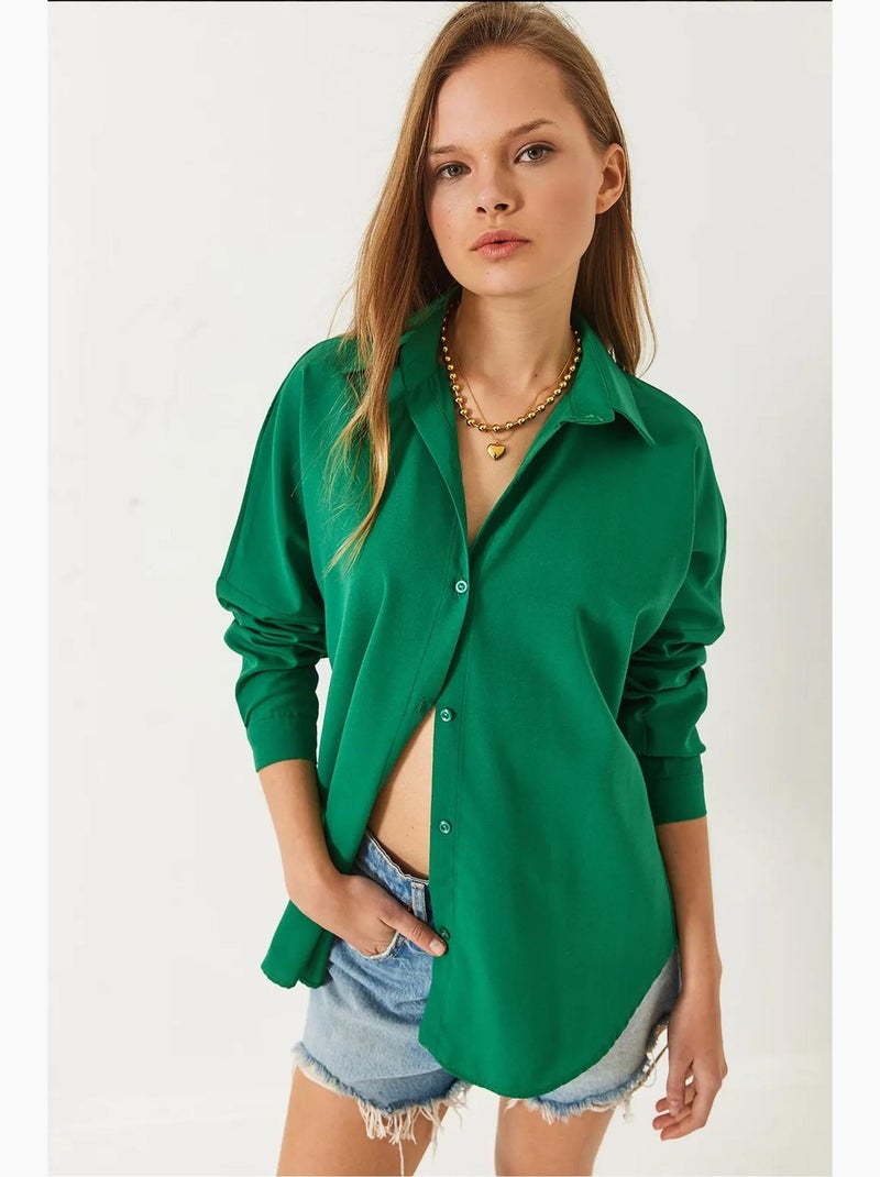 Camisa básica de manga comprida com fecho de botões lucci Verde esmeralda - Kiabi