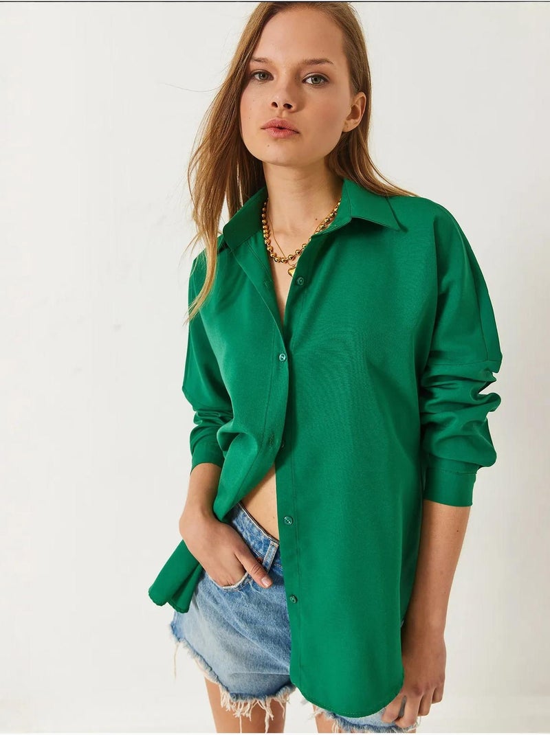 Camisa básica de manga comprida com fecho de botões lucci Verde esmeralda - Kiabi