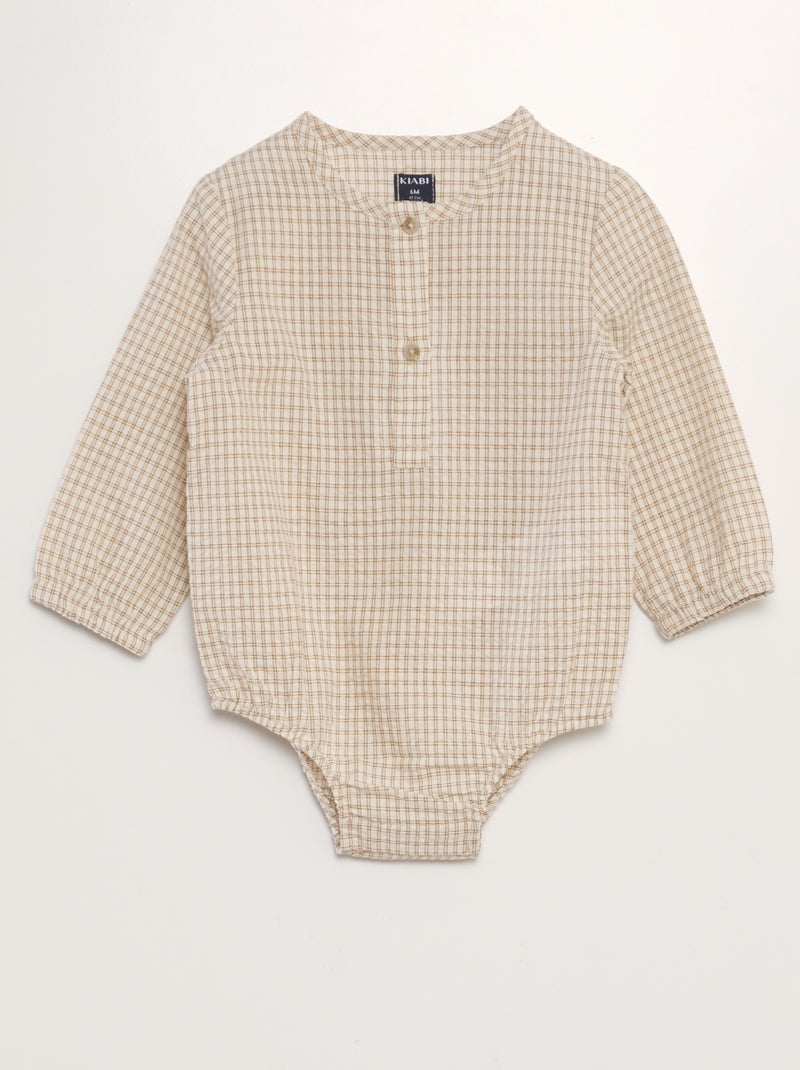 Camisa body aos quadrados em seersucker BEGE - Kiabi