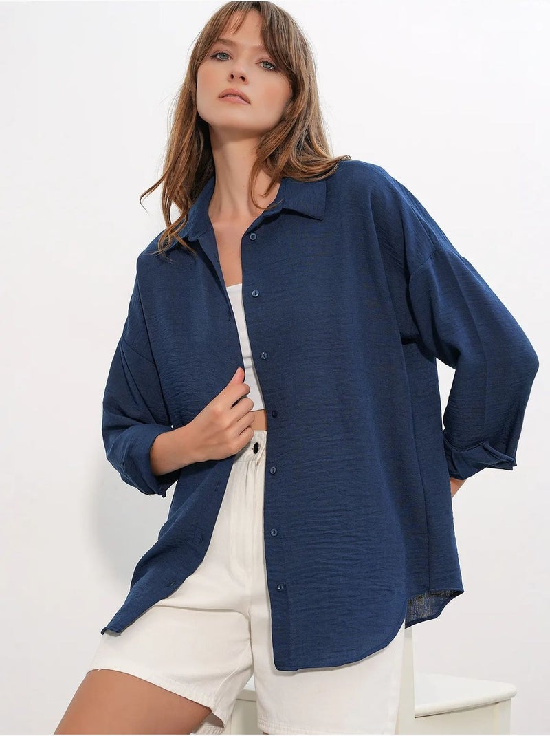 Camisa bordada de manga comprida com fecho de botões bdart Azul-marinho - Kiabi