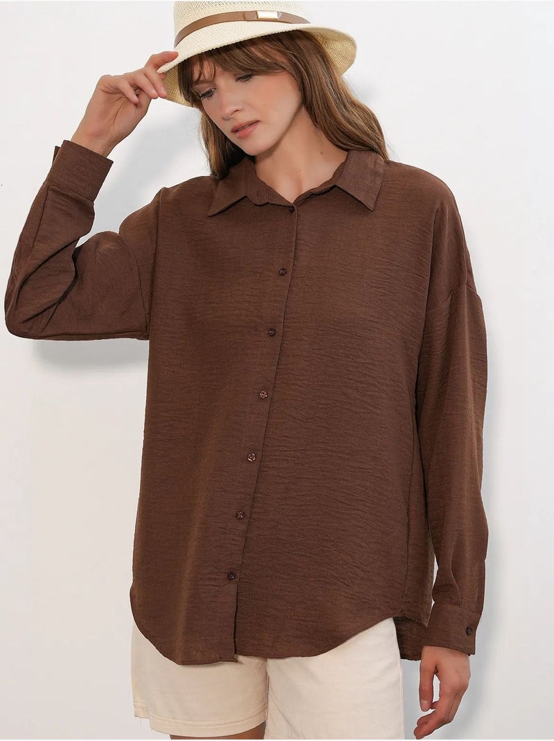 Camisa bordada de manga comprida com fecho de botões bdart Castanho - Kiabi