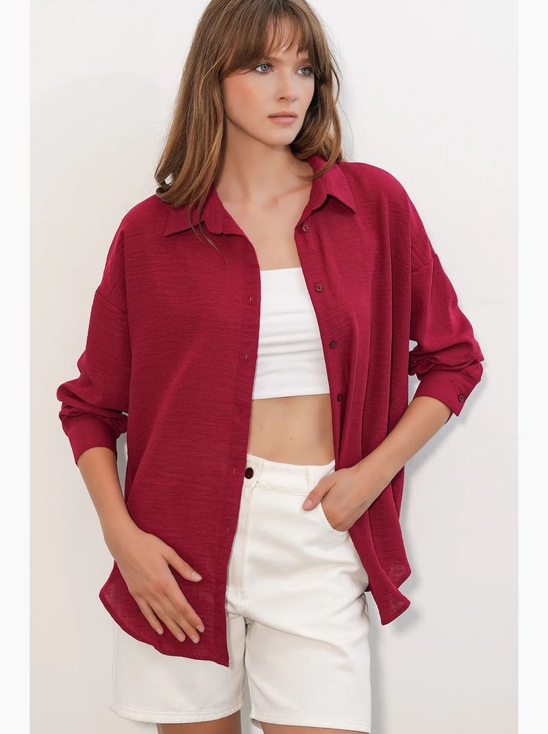 Camisa bordada de manga comprida com fecho de botões bdart Vermelho bordô - Kiabi
