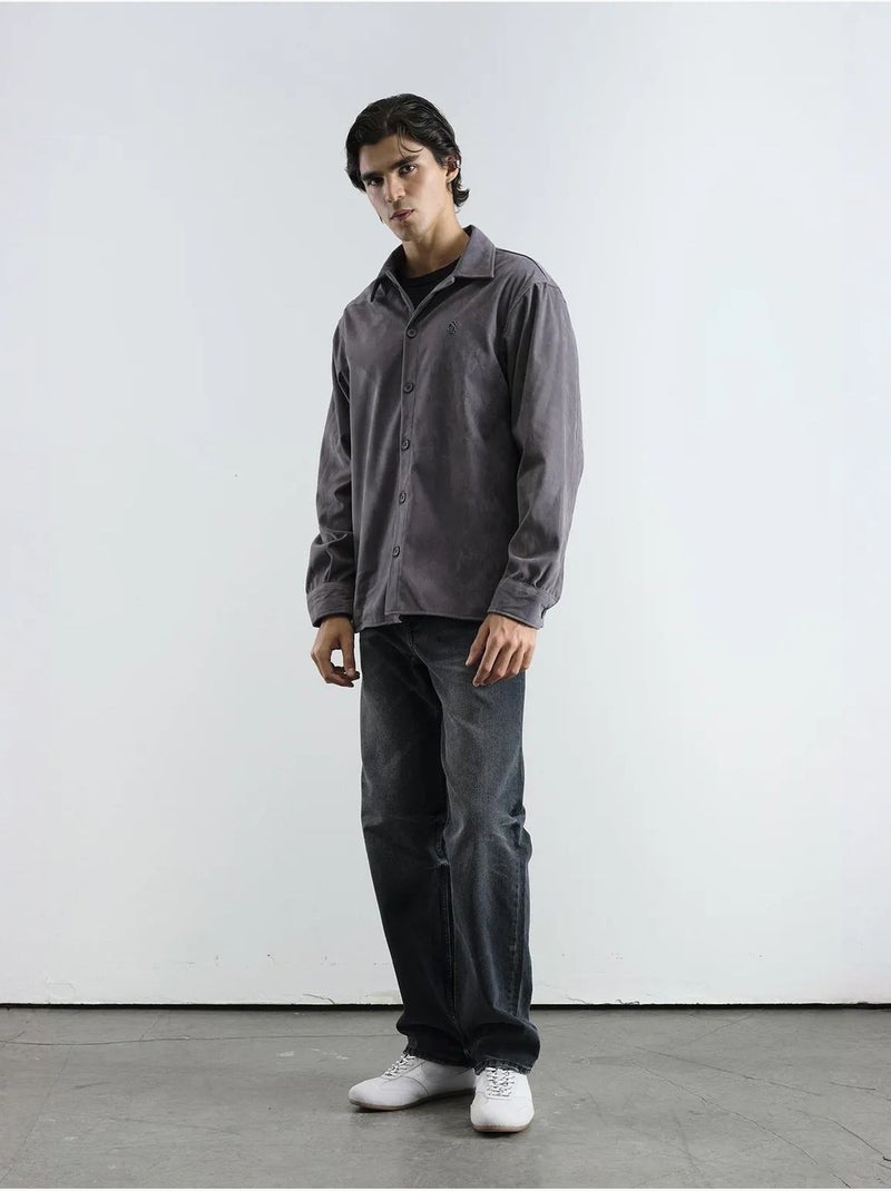 Camisa bordada regular fit de manga comprida giesto Cinza - Kiabi