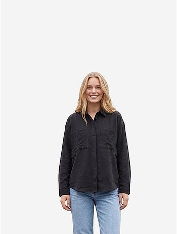 Camisa casual abotoada em mistura de linho com bolso my fashion