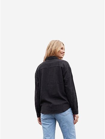 Camisa casual abotoada em mistura de linho com bolso my fashion