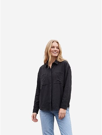 Camisa casual abotoada em mistura de linho com bolso my fashion